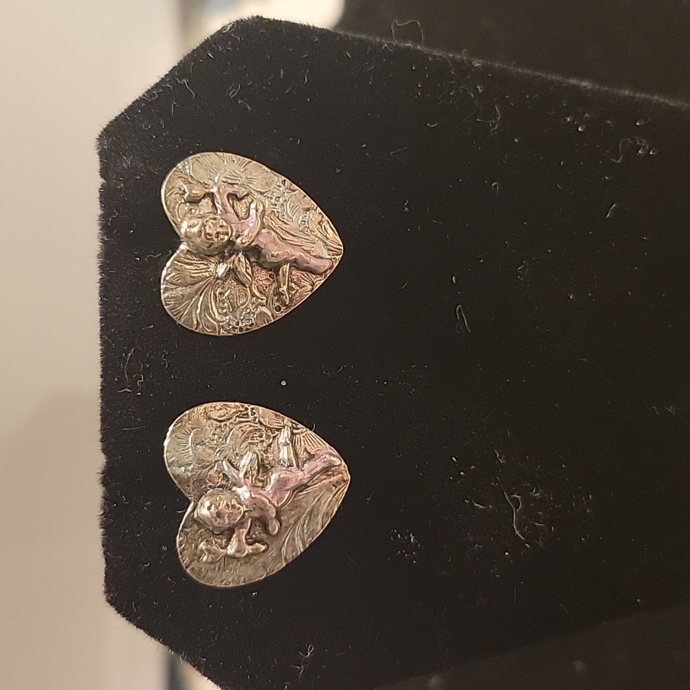 Silvertone cupid heart earrings- pierced, angel, cherub